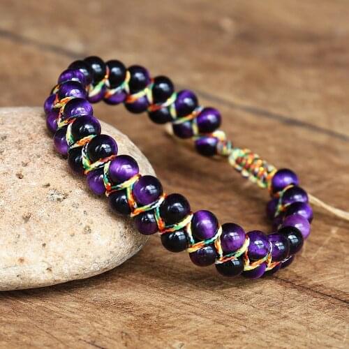 6mm Double Layer Handmade Bracelet Purple Tiger Eye Stone Beads Braided Strand Charm Bracelet DIY Women Friendship Jewelry