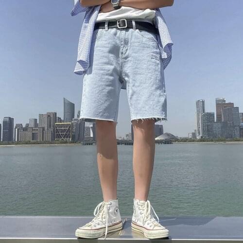 New Summer Fashion Knee Length Jeans Pants College Korean Style Men Slim Fit Mens Original Harajuku Solid color Denim Pocket