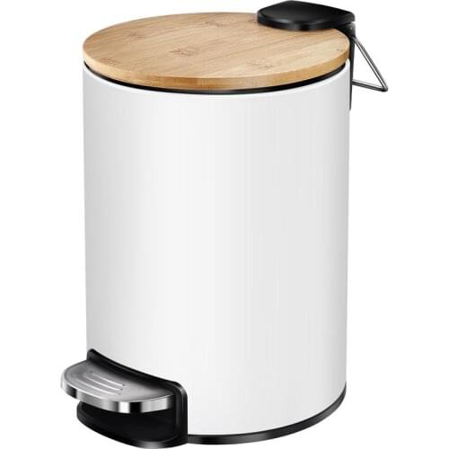 HOMEMAXS 410 Stainless Steel Trash Can With Bamboo Lid 3L Step-On Garbage Container Trash Bin For Kitchen Bathroom Bedroom White