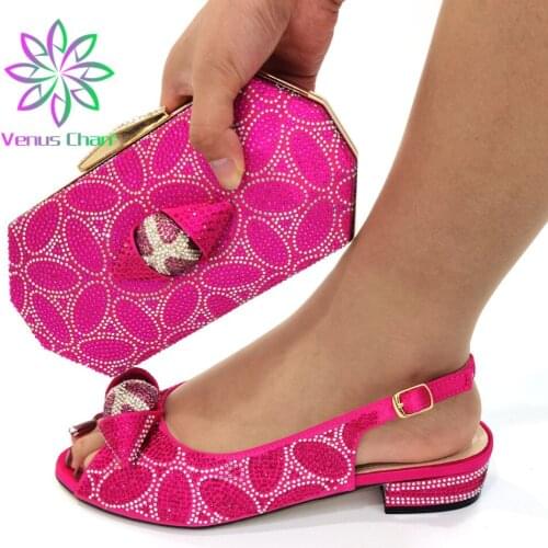 Italian Design Fuchsia New Color Party Ladies Shoes and Bag Set Decorated With Flower Colorful Crystal and Metal Decoration