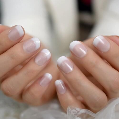 Short Natural French Fake Nails Nude Daily Pearl Shimmer Manicure Accessories Full Cover Round Acrylic Nail Tips