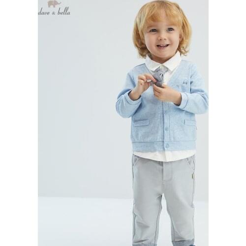 DBX16357 dave bella spring baby boys casual removable tie clothing sets kids fashion long sleeve sets children 2 pcs suit