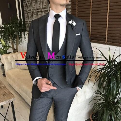 Gray Slim Fit Mens Suits Sets 3 Piece Jacket Vest Pants Formal Wedding Groom Tuxedo Office Male Business Blazer Costume Homme