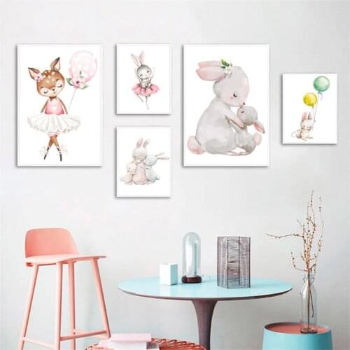 Rabbit Deer Ballet Balloon Flower Nursery Wall Art Canvas Painting Nordic Poster And Prints Wall Pictures Baby Kids Room Decor