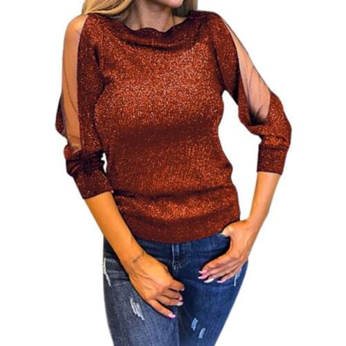 Fashion Women Autumn New Casual Tshirt Sexy Long Sleeve Splicing Mesh Perspective T-shirt Top Lady