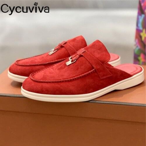 Hot Summer Walk Slides Suede Wrap Toe Half Slippers Women Metal Lock Tassel Flat Mules Comfortable Women Casual Shoes For Women