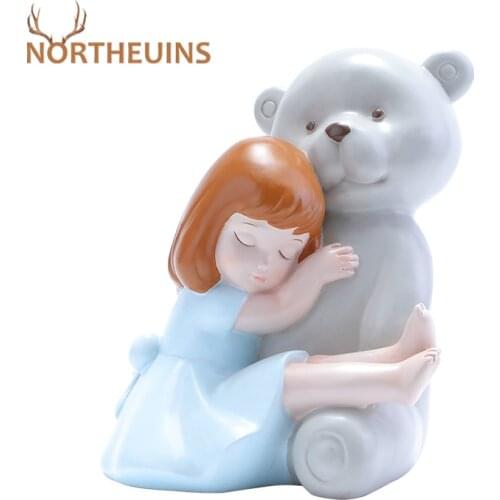 NORTHEUINS Bear And Girl Resin Figurines For Interior Nordic Creative Bow-knot Litter Girl Statues Home Decor Desktop Decoration