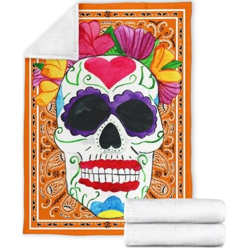 Orange Bandana Sugar Skull 3D printed Sherpa Blanket on Bed Home Textiles Dreamlike HOME ACCESSORIES