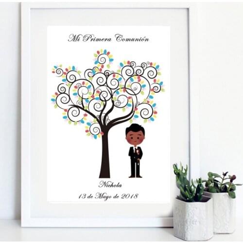 Personalize Name Date For Boys First Communion Gift Creative Souvenir of Baptism Fingerprint Tree Canvas Art Print & Ink