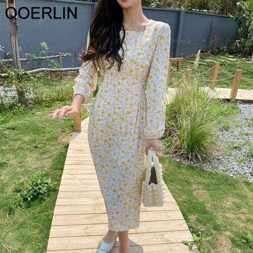 QOERLIN Spring Summer Dress Yellow Floral Print Loose Square Collar Lace Up Sweet Casual Cute Girls Fresh Dresses Women Outfits