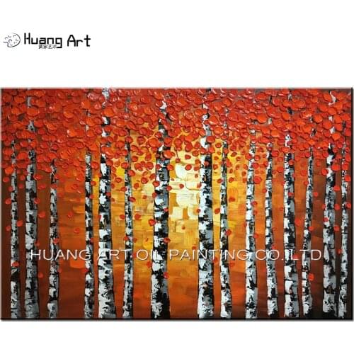 Hand Painted Knife Red Tree Oil Painting Modern Thick Oil Landscape Paintings For Living Room Decor Birches Canvas Pictures