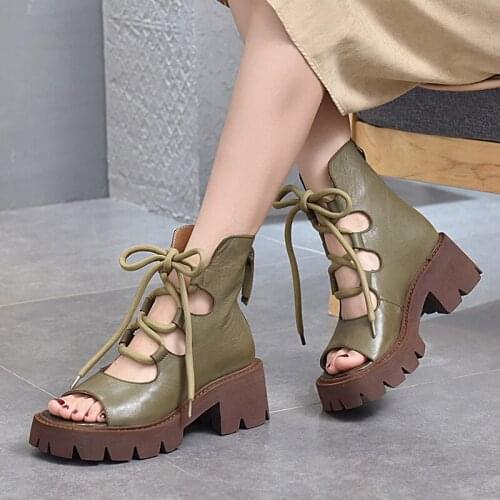 Female Summer Shoes Genuine Leather Women Sandals 2021 New Lace-Up Retro Handmade Retro Concise Leisure Sewing Ladies Sandals