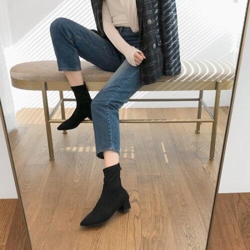 Boots Women Leather High Heel Boots Ladies Casual Autumn Winter Shoes Pointed Thick Heel Boots Size 33-42
