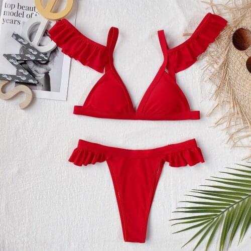 Sexy Micro Bikini 2021 Swimwear Women Solid Red Push Up Ruffled Thong Swimsuit Bathing Suit High Cut Swimming Suit Biquini