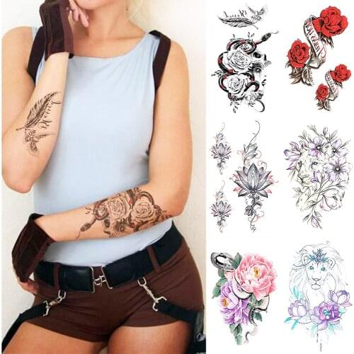 Waterproof Temporary Tattoo Sticker Snake Flower Rose Flash Tattoos Lace Fox Lion Body Art Arm Fake Sleeve Tattoo Women