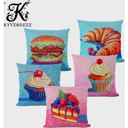 High Quality Oil Painting Cushion Cover Sofa Home Decoration Colorful Sweet Food Cake Burger Bread Ice Cream Printing Pillowcase
