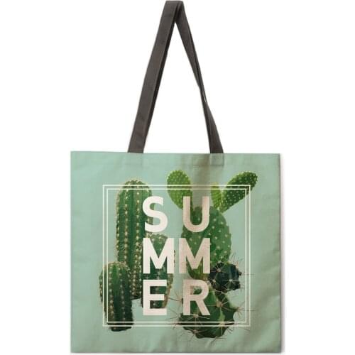 Green plant linen shopping bag ladies shoulder bag foldable shopping bag beach tote bag handbag large bag female bag