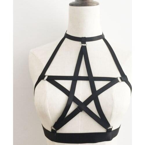 Women new body harness Pentagram harness bra Harajuku Gothic sexy lingerie black Elastic Pole dance Pentagram harness cage Bra