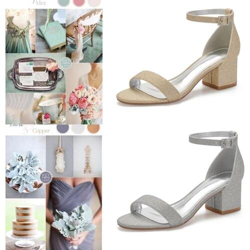 2021 New Satin Glitter Women Shoes Ankle Strap Wedding Sandals For Bride Open Toe Mid Heel Evening Party Sandal Summer 5.5CM