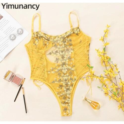 Yimunancy Floral Embrodiery Lace Bodysuit Women Mesh Teddies Bodysuit 2021 Spring Ladies Skinny Bodysuit Body Femme
