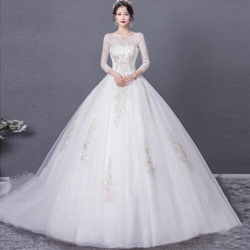 Wedding Dresses Illusion O-Neck Three Quarter Tulle Lace Sequined Beading Embroidery Backless Luxury White Lady Bridal Gown G532