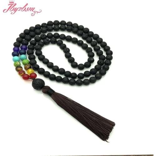 8mm Round Lava Necklace For Women Chakra Volcanic Stone Beaded Necklace Meditation Healing Tassel Jewelry Necklace Gift 40cm