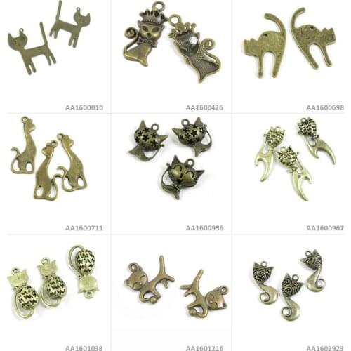Antique Bronze Tone Jewelry Making Charms Hollow Cat Kitten Smiling Crown Magical Bracelet Pendant Necklace