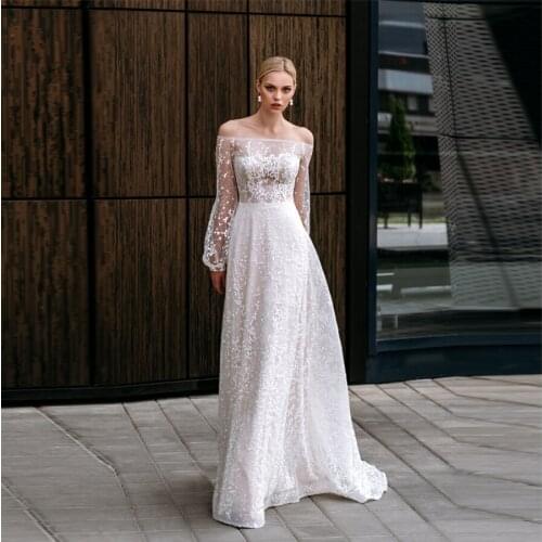 Flowing Design Top Illusion Sequined Blingbling Wedding Dress Long Sleeve vestido de noiva princesa White Dress Wedding Gowns