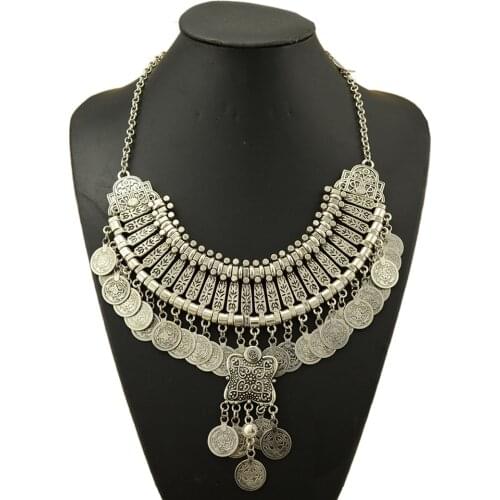 Gypsy Bohemian Beachy Chic Multi Layered Coin Necklace Festival Fringe Bib Ethnic Turkish India Tribal Pendant Necklace