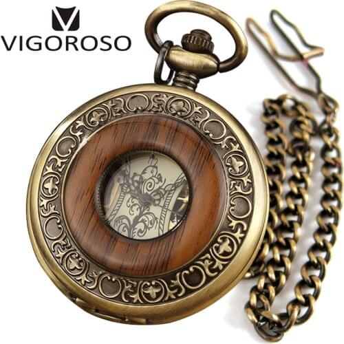 Wooden Circle Mechanical Pocket Watch FOB Chain Hollow Steampunk Skeleton Men Women Mens Male Clock Watches W/Gifts Box Package