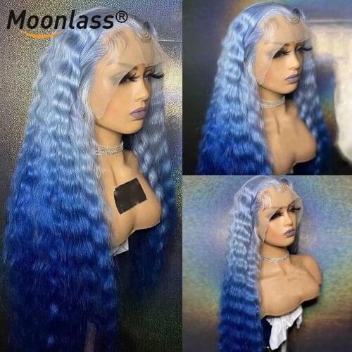Ombre Deep Wave Frontal Wig Brazilian Transparent HD Lace Frontal Wig Blue Purple Colored Lace Front Human Hair Wigs For Women