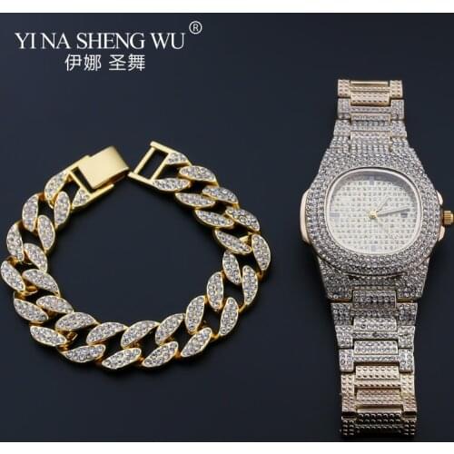 Hip Hop Luxury Iced Out Watches+Bracelet Date Quartz Wrist Watches With Micropave CZ Stainless Steel Women Watch Jewelry