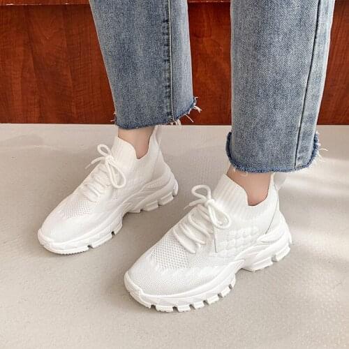 2021 Black White Sock Sneakers Women Knitted Vulcanized Shoes Breathable Stretch Fabric Platform Sneakers Women Casual Shoes