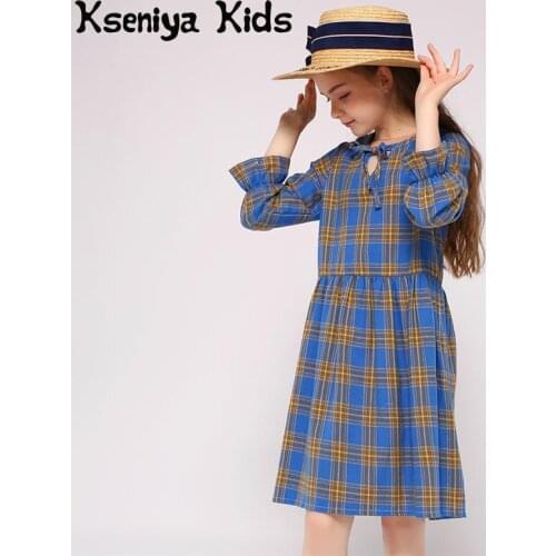 Kseniya Kids Wholesale Spring Autumn Girls V Neck Lace Up Petal Long Sleeve Dress Plaid Cotton Wool Soft Thin