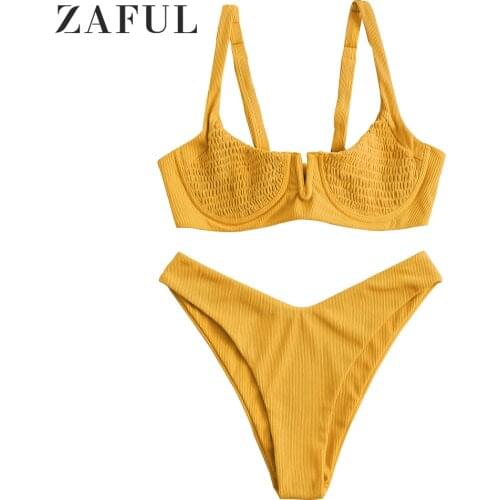 ZAFULx Jessica Stockstill Ribbed Underwire Smocked Balconette Bikini High Cut Swimsuit High Leg Bikini V Notch Push Up Bikini