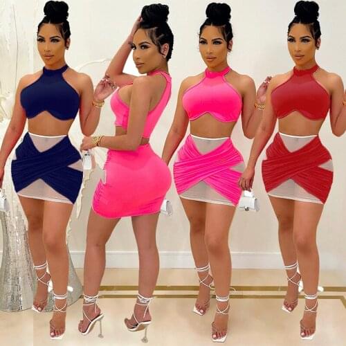 Summer Sleeveless Crop Tops Ruched Mini Skirts Matching Sets Green Bodycon Sexy Club Party Mesh 2 Piece Set Womens Outfits