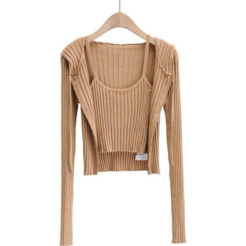 Spring and autumn new fashion slim pure color knitted hooded jacket women, short sexy sling 2-piece suit women
