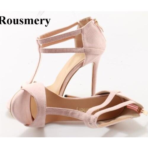 Women New Fashion Open Toe Suede Leather High Heel Sandals Cut-out Back Zipper-up Sandals Formal Dress Shoes