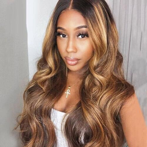 Highlight Human Hair Wigs Brazilian Body Wave 13X4X1 T-Part Lace Front Wig 4/27 Ombre Color Body Wave Lace Part Wig For Women