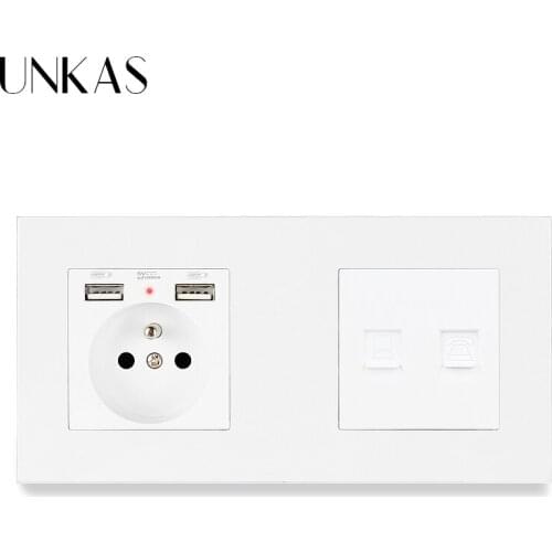 UNKAS Plastic Panel French Standard Wall Socket With Dual USB + RJ45 Internet Computer Connector and RJ11 Telephone Outlet