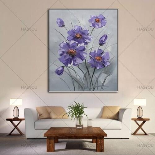 Pop art pure Hand Painted Textured Palette Knife blue Flower Oil Painting Modern Canvas Wall Art Living Room wall Decor Picture