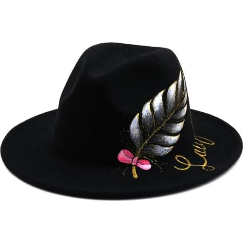 Wide brim black top hat hand-painted painted leaves flat brim tweed autumn winter ladies jazz hat couple woolen top hat
