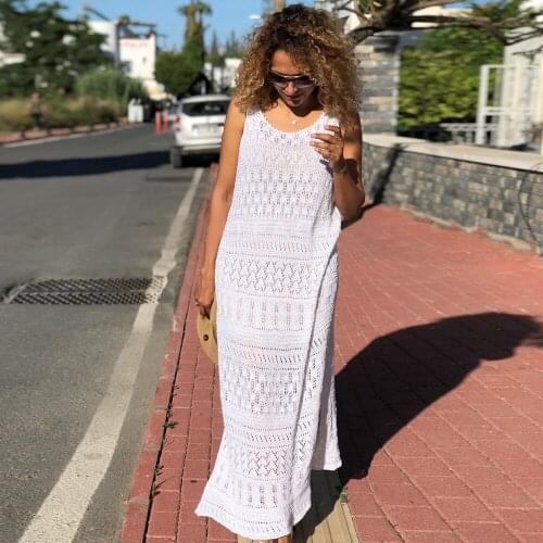 Knitted Long Beach Dress Women Beach Cover Up 2021 Sexy Bikini Cover Up Female Swimwear Cover Up Ladies Hollow Out Blouse Outer