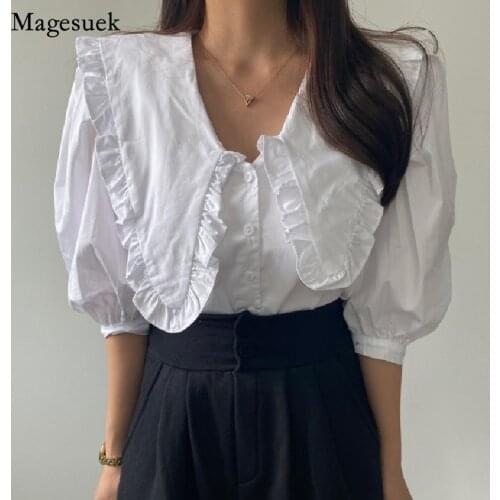 Fashion Puff Short Sleeve Lace Ruffled Shirt Woman Korean Summer Peter Pan Collar Women Blouses Loose Tops Female Clothing 14252