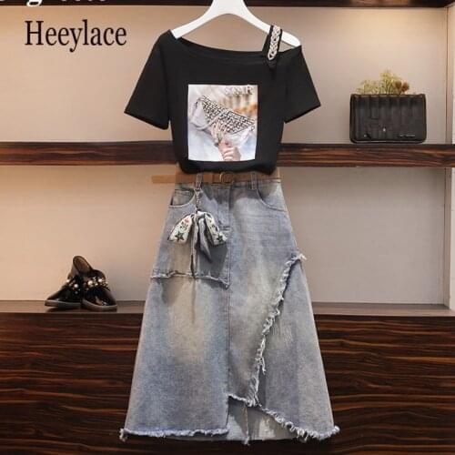 PLUS SIZE set Summer Women Slash neck Bag Pattern Beaded Black T-shirt + Irregular Mid-calf Denim Skirts 2 pcs set Female suits