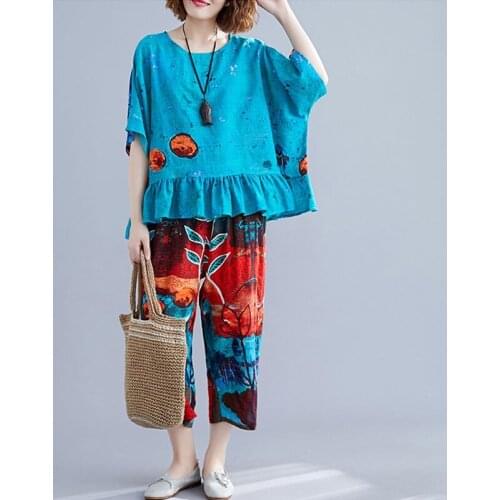 Women Cotton Linen Summer 2 Piece Sets 2021 Vintage Botanical Print Loose Female Ruffles Tshirt +Calf-length Pants Casual Suits