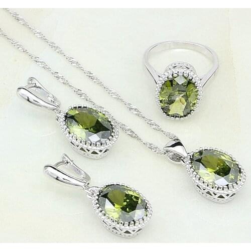 Crown 925 Silver Jewelry Olive Green Cubic Zirconia Bridal Jewelry Sets For Women Annniversary Earrings/Pendant/Necklace/Ring