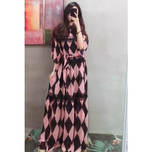 New 2020 Spring Summer Hot Sale Long Dress Women Geometric Print Sexy Sheer Mesh Patchwork Sweet Pink Long Maxi Dress Plus Size