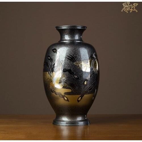 14.3in Japan Takaoka Douki Art Deco Pure Brass Chinese phoenix Vase Pot Decoration Home Furnishings Gift Statue