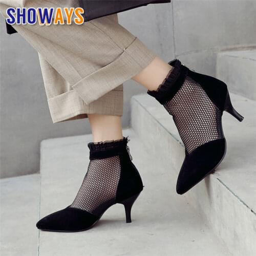 Summer Women Ankle Boots High Spike Heel Black Mesh Flock Patchwork Casual Office Party Lady Pointed Toe Sexy Zipper Short Boots